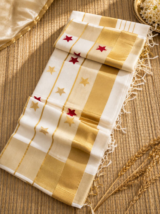 Pure Handloom Red & Gold Star Motifs Saree