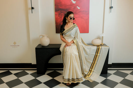 Kerala Saree with Golden & Kara Stripes