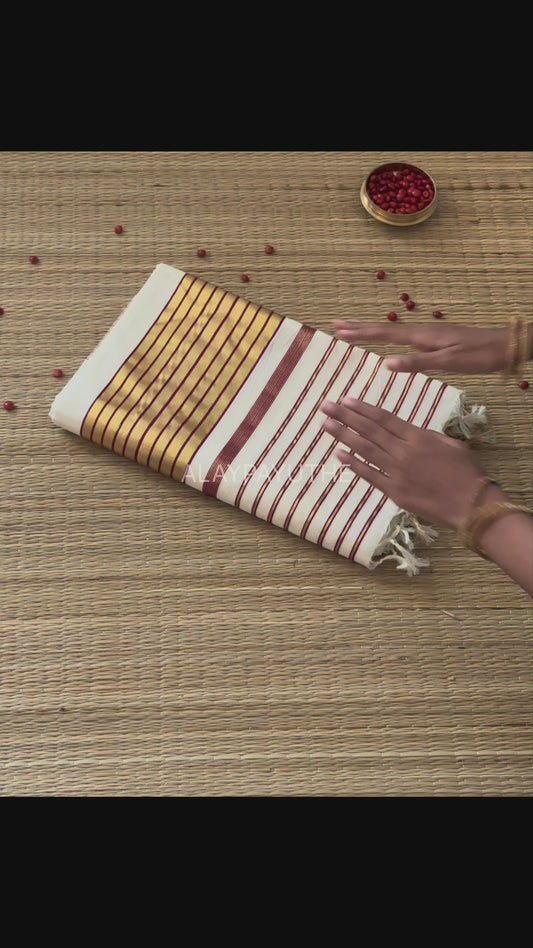 Pure Handloom Maroon Striped Kasavu Saree